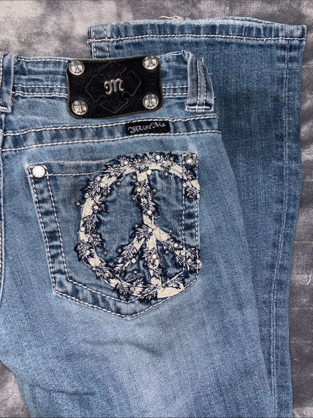 Miss Me Bootcut Blue Denim Jeans with Embroidered Peace Sign Back Pockets